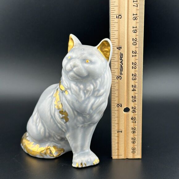Vintage Porcelain Hand-painted Gold on Gray Sitting Cat Figurine 4.25" H - Picture 9 of 10